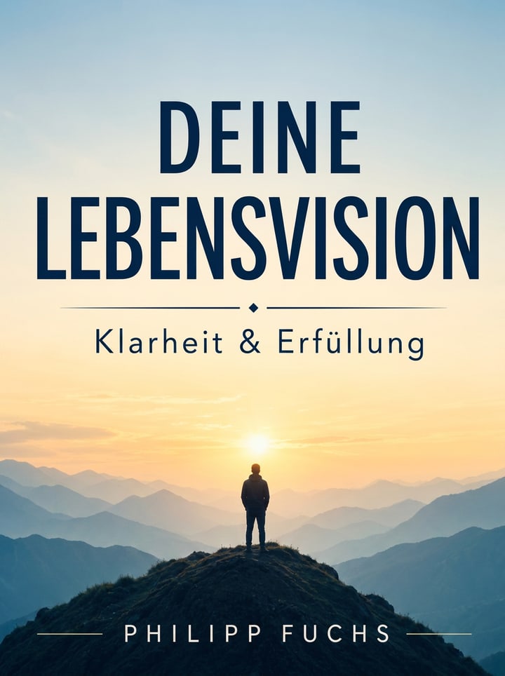E-Book-Cover „Deine Lebensvision: Klarheit & Erfüllung“: Person, die in einer weiten Hügellandschaft im Morgenlicht Richtung Horizont blickt.